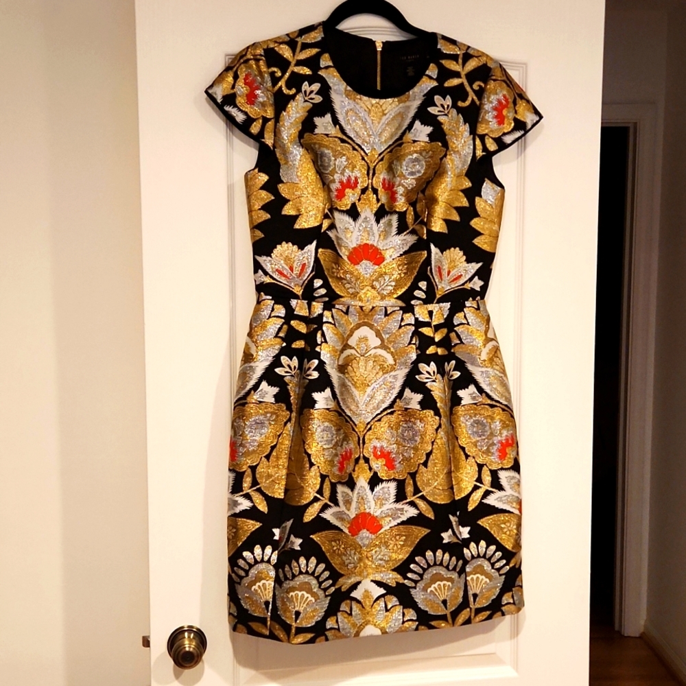 Ted Baker cocktail dress size USA 8. Gold, black, silver and red.
